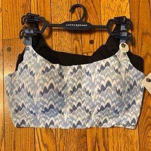 Lucky Brand blue watercolor and black smooth laser cut lounge sport bras